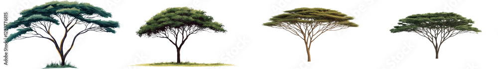 Poster majestic trees with diverse foliage and branching patterns creating a lush verdant canopy over a tra