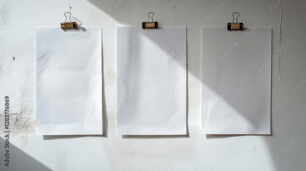 Poster folded blank posters hang with binder clips, white paper sheets with crossing creases and holders. v
