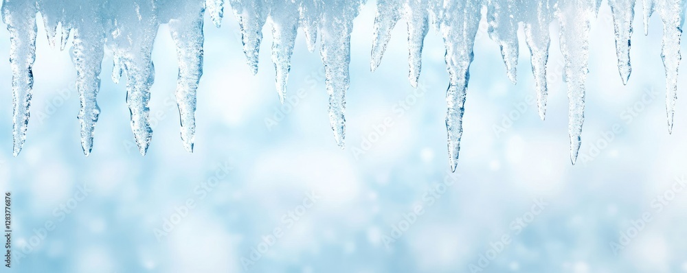 Poster sharp icicles dangle from a surface creating a stunning texture against a soft blurred icy backgroun