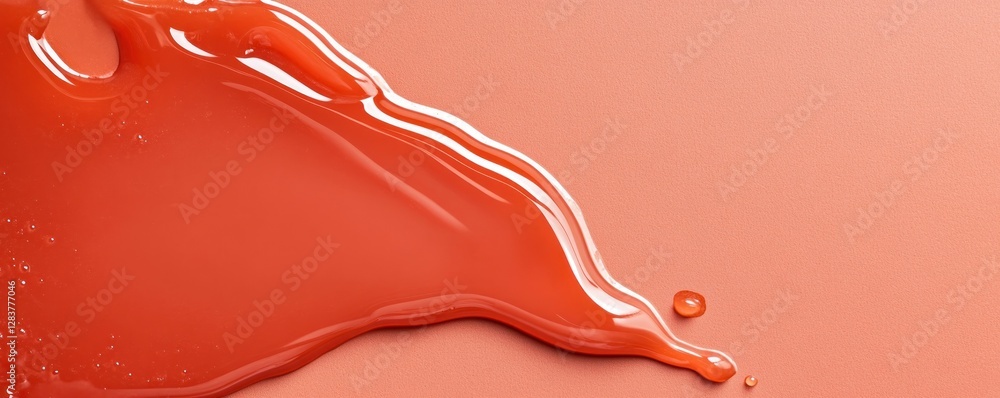 Aufkleber Bright red jam drips and flows across a smooth peach-colored surface. The texture is glossy and vivid providing a perfect backdrop for text or design elements
