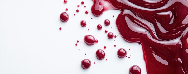 Deep red jam drips gracefully across a clean white surface leaving a sticky glossy texture that adds visual interest and ample copy space for creative designs or culinary themes