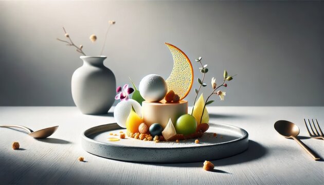 A modern desser with different textures.