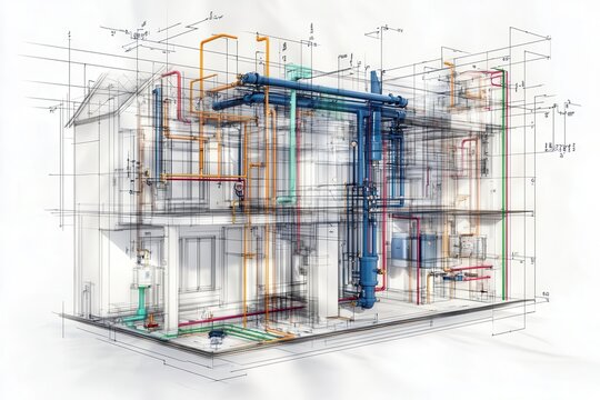 detailed architectural cutaway illustration showing residential plumbing system, with color-coded pipes, valves, and utility connections against white background
