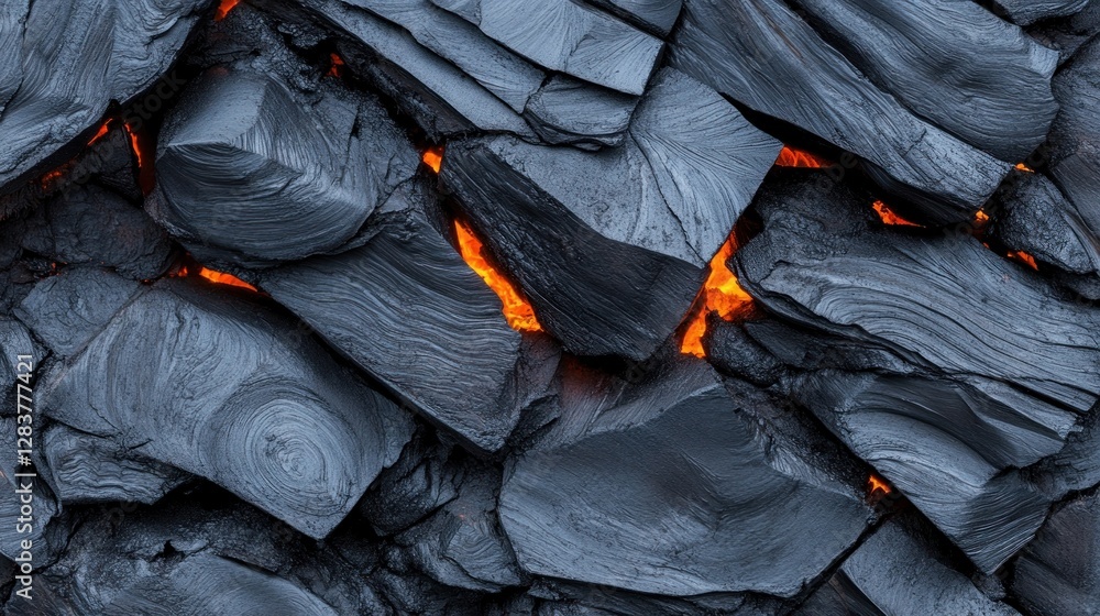 Poster rich texture features dark rugged surfaces complemented by vibrant glowing cracks of lava ideal for 