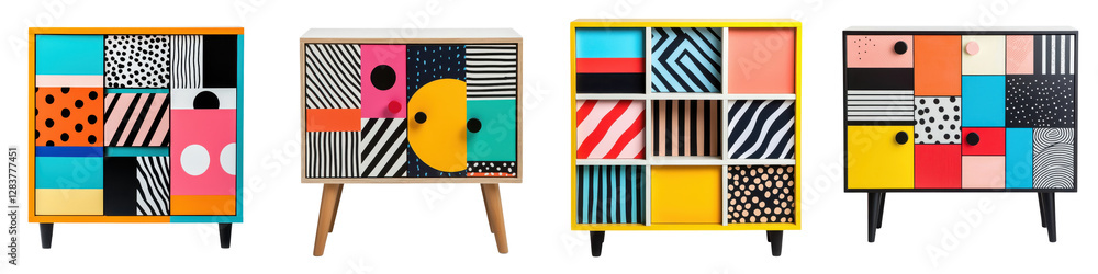 Poster colorful and visually striking modular shelving units with retro inspired geometric patterns and abs