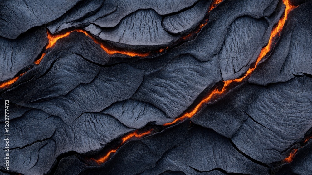 Poster rich lava texture features black rock formations and vibrant orange flows creating an intense yet sm