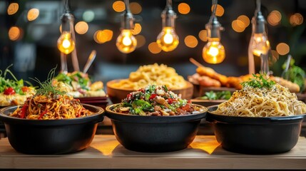 Variety of Colorful Pasta Dishes Served in Bowls with Warm Lighting and Fresh Ingredients for a Gourmet Dining Experience