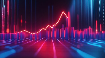 A 3D neon red line graph rising above a series of blue bars on a black background.