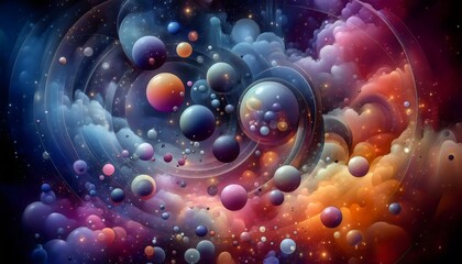 Cosmic Nebula with Floating Planets and Stars.