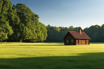 Fototapeta premium A quaint wooden cabin sits in a lush green field, embraced by trees beneath a vast blue sky, evoking serenity in a peaceful rural landscape.