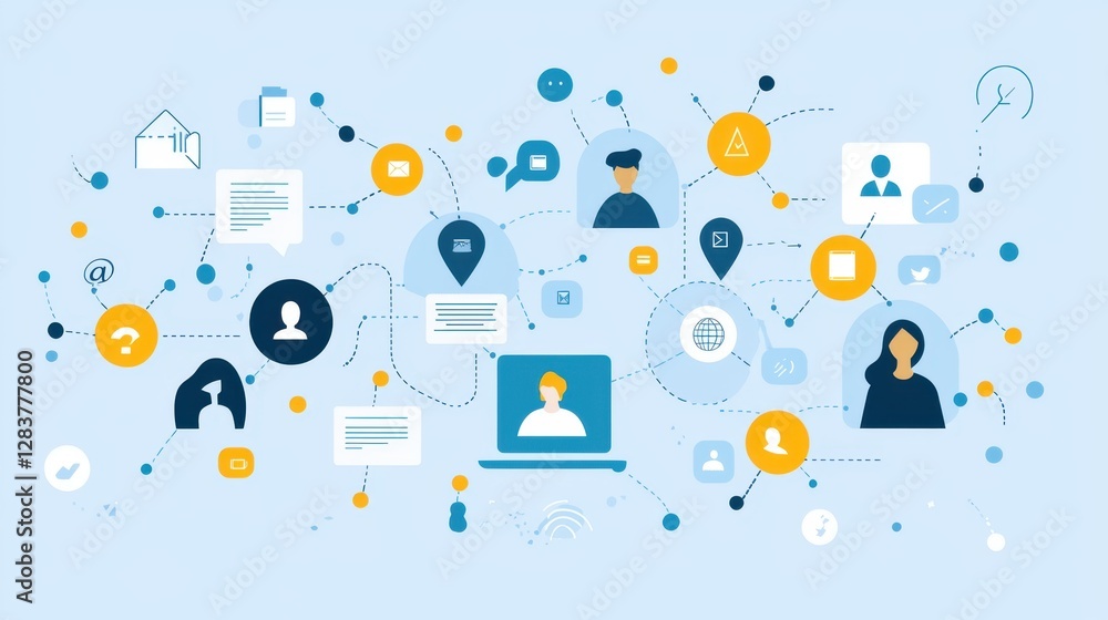 Poster abstract digital communication concept with icons and symbols illustrating connection and interactio
