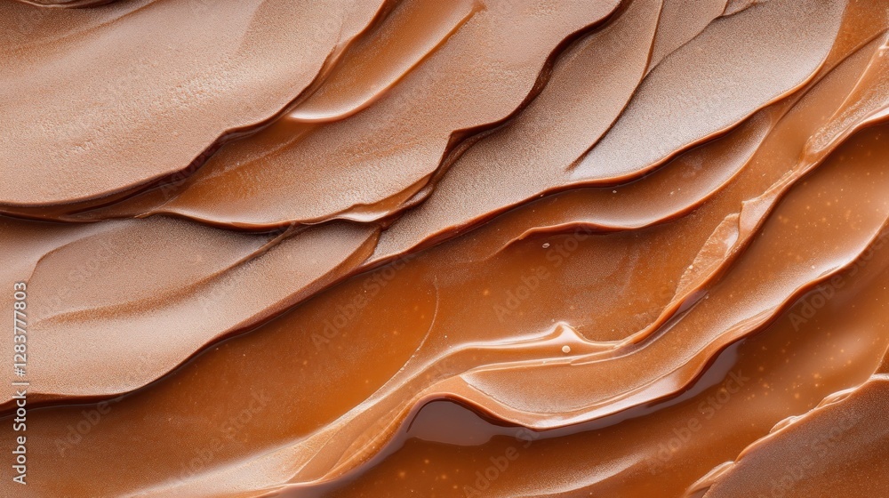 Poster rich melted chocolate flows in wave-like layers creating a glossy texture that offers abundant copy 