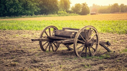 Vintage Wooden Cart on Rustic Farm Field at Sunset in Rural Landscape