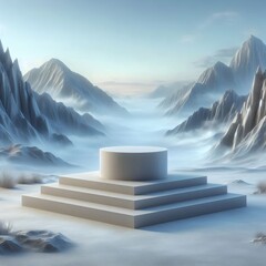 Minimalist Product Display on Snowy Mountain Landscape.