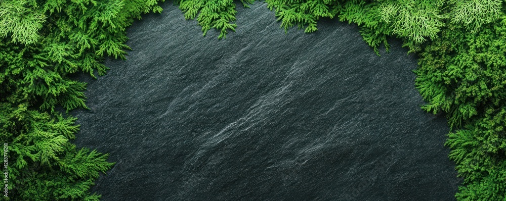 Poster a rich moss texture background features lush greenery encircling a dark stone surface. this natural 