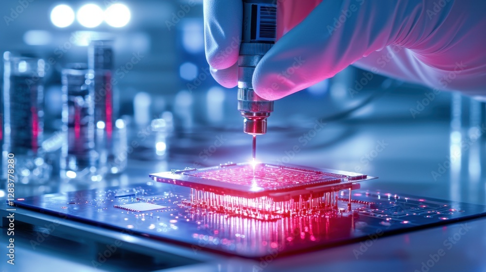 Poster Precision Handheld Tool Applying Laser Technology to Circuit Board in High-Tech Laboratory with Glowing Sparks and Scientific Instruments in Background