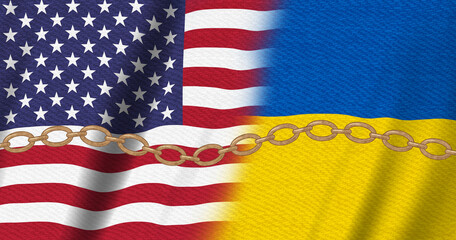 USA flag stars and stripes and Ukraine flag with a gold chain