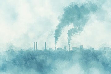 Industrial Skyline with Smoke Emissions in Light Blue Urban Atmosphere