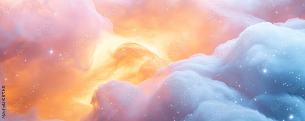Poster colorful nebula texture features soft pastel hues of pink and orange blending seamlessly creating an