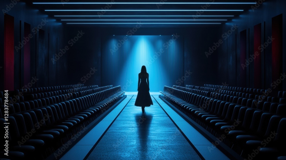 Aufkleber mysterious figure in a runway setting illuminated by spotlight, creating an atmospheric and dramatic