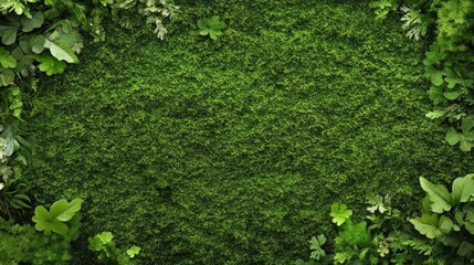 Bright green moss texture covers the ground surrounded by various shades of lush foliage. This natural backdrop offers ample copy space for design and creative uses in projects