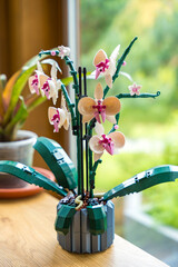 Obraz premium Prague, Czech republic - May 8, 2024: A plastic decorative orchid made from Lego bricks, showcasing an innovative, reusable option that offers durability and environmental appeal over fresh flowers.