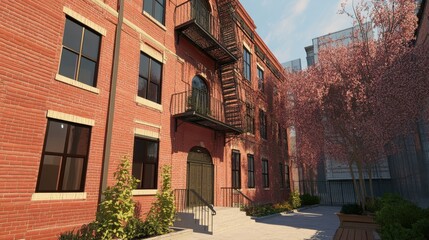 Fototapeta premium Historic red brick building with fire escape and blossoming trees in urban courtyard