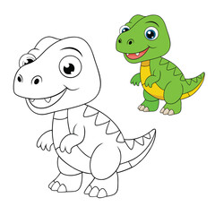 A fun Tyrannosaurus Rex cartoon coloring page featuring a friendly T-Rex with big teeth, tiny arms, and a playful pose, perfect for kids to color and enjoy!