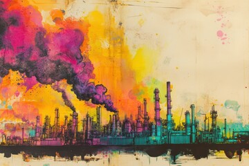 Naklejka premium Colorful Abstract Representation of Industrial City with Smoke