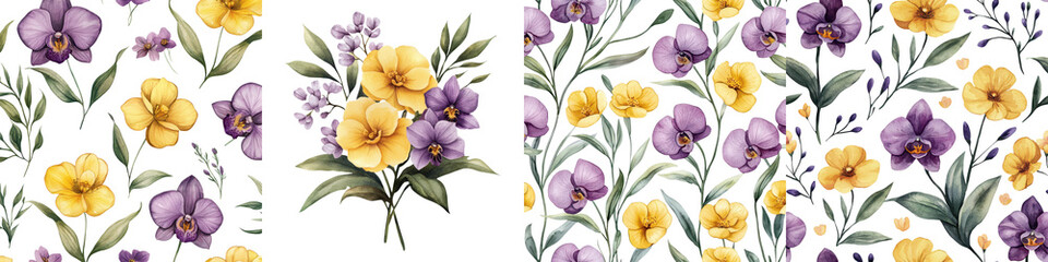 Elegant and Charming Floral Watercolor Seamless Pattern Featuring a Delicate Arrangement of Purple and Yellow Blooms Petals and Foliage  Ideal for Backgrounds Wallpapers Textile Designs