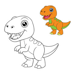 A fun Tyrannosaurus Rex cartoon coloring page featuring a friendly T-Rex with big teeth, tiny arms, and a playful pose, perfect for kids to color and enjoy!