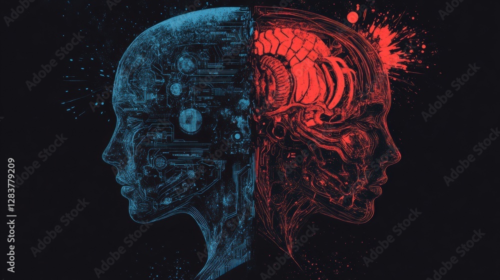 Fototapete merging of human consciousness and ai system in a futuristic design with intricate cybernetic detail