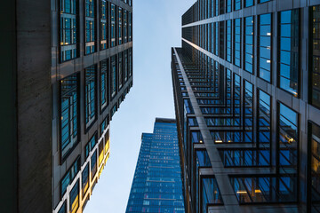 Skyscrapers in Warsaw. Office buildings in the business part of the city. Glass and steel structures. Center of Warsaw	