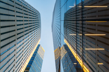 Skyscrapers in Warsaw. Office buildings in the business part of the city. Glass and steel structures. Center of Warsaw	