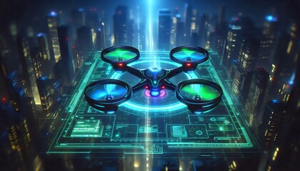 Futuristic Drone Landing on Cityscape Hologram