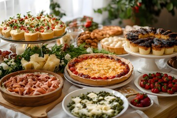 buffet food in a restaurant, different traditional pies like apple pie, peach pie, berry pie , national pie day