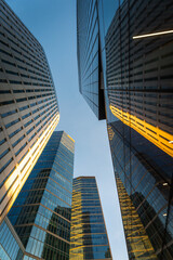 Skyscrapers in Warsaw. Office buildings in the business part of the city. Glass and steel structures. Center of Warsaw	