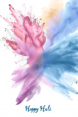 Celebrate the joyous holi festival with this vibrant illustration featuring colorful powder splashes in yellow and blue. 'happy holi' text adds a festive touch on a clean white background.