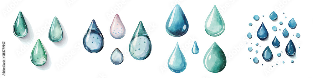 Aufkleber collection of water droplets in various shapes sizes and arrangements against a soft gradient backgr