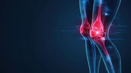 Futuristic Visual Representation of Human Knee Joints with Highlighted Anatomy and Digital Elements for Medical and Health Concepts