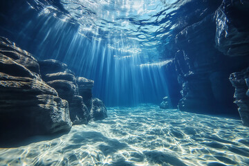 Underwater cave with sun rays shining through clear blue water, serene ocean scenery, perfect for marine, travel, and nature themes