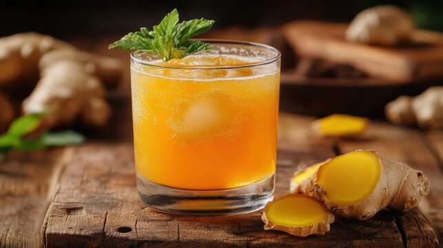 Close-Up View of Fresh Ginger Elixir on Rustic Wooden Surface