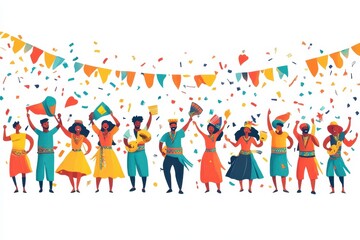 Festive joyful people celebrate with confetti and flags