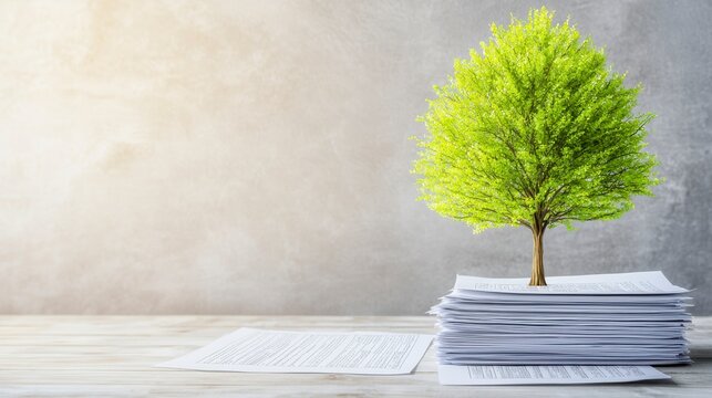 Green Tree Growing on Pile of Paper Representing Sustainability and Environmental Responsibility Concept