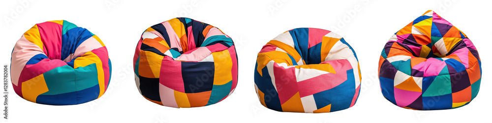 Poster a collection of colorful geometric patterned beanbag chairs or poufs that provide a comfortable and 
