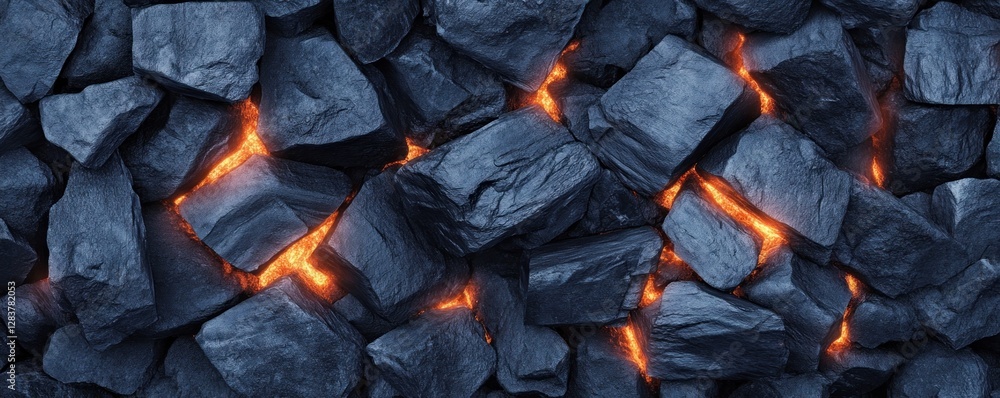 Aufkleber dark coal pieces form a textured surface illuminated by glowing orange cracks that create a captivat