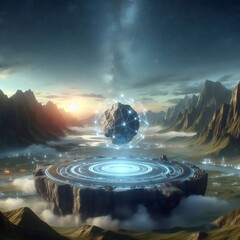 Futuristic Stone Artifact on a Floating Platform.