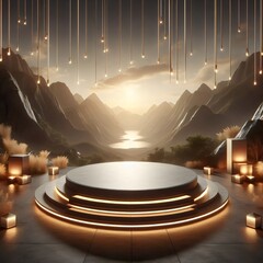 Serene Mountaintop Platform with Golden Lights.