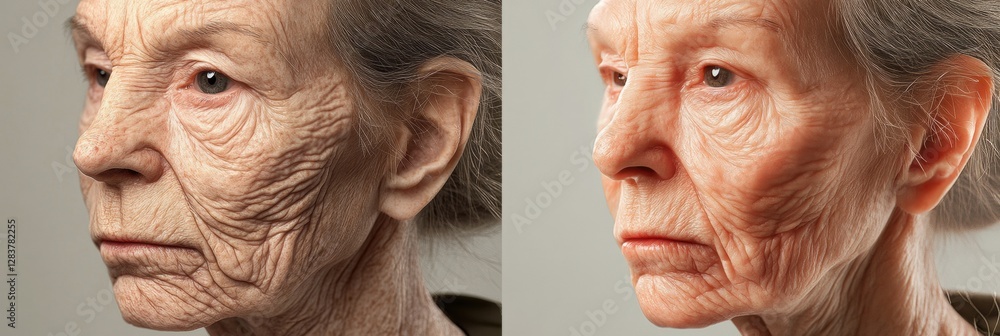 Poster transformation of age on human face showcasing wrinkles and youthfulness side by side in a split rep