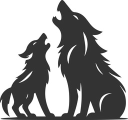 A young wolf howling next to a larger adult vector animal silhouette